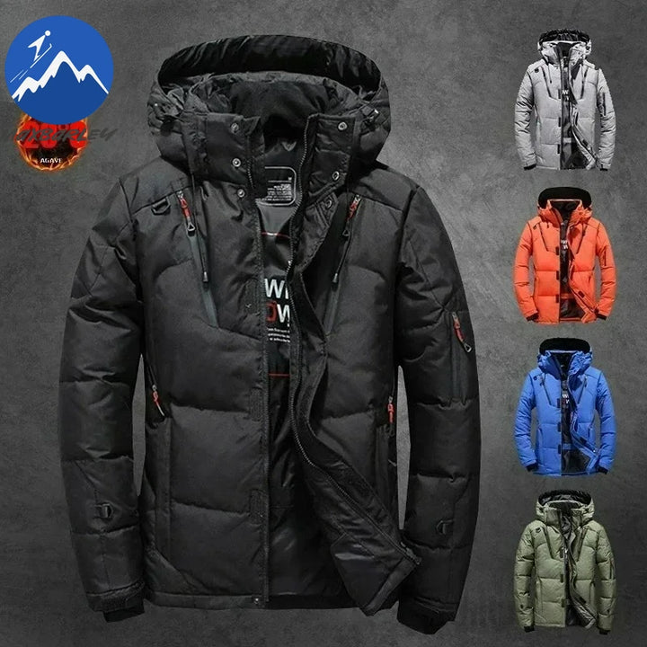 Men’s -20°C White Duck Down Jacket – Thick Warm Hooded Winter Parka