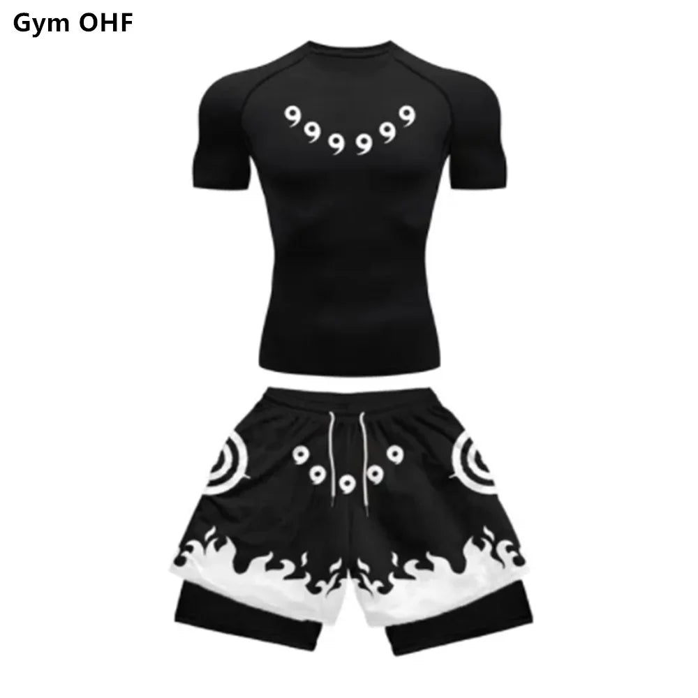 Men’s Bodysuit Tights & 3D Printed Double-Layer Shorts