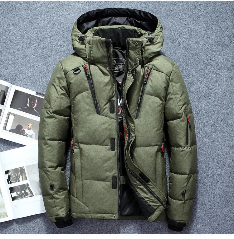 Men’s -20°C White Duck Down Jacket – Thick Warm Hooded Winter Parka