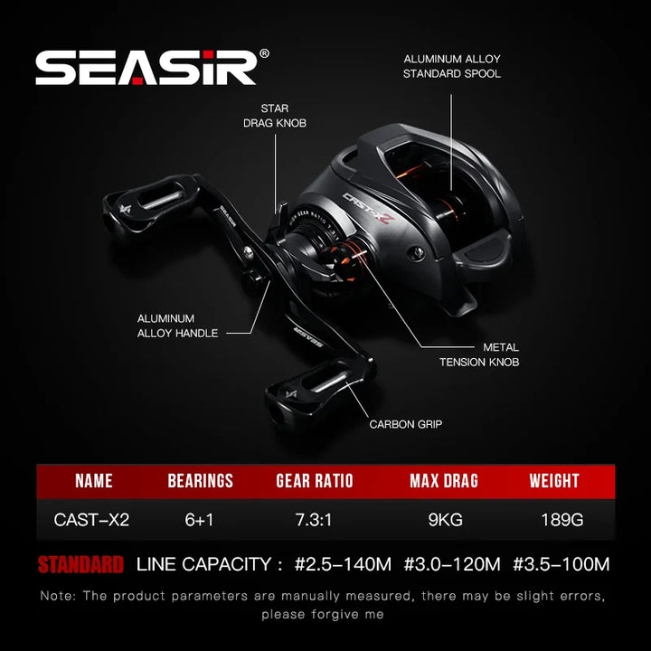 SEASIR Cast X2 Baitcasting Reel – 7.3:1 Gear Ratio, Hybrid Ceramic Bearings, Carbon Fiber Washer, Dual Bearing System & N52 Brake