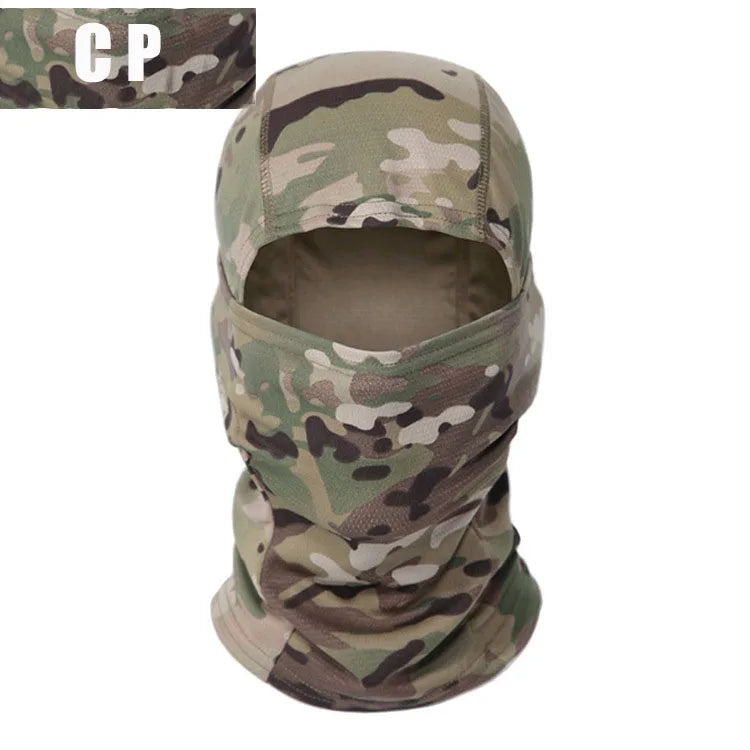 Camouflage balaclava with a brand logo on a white background