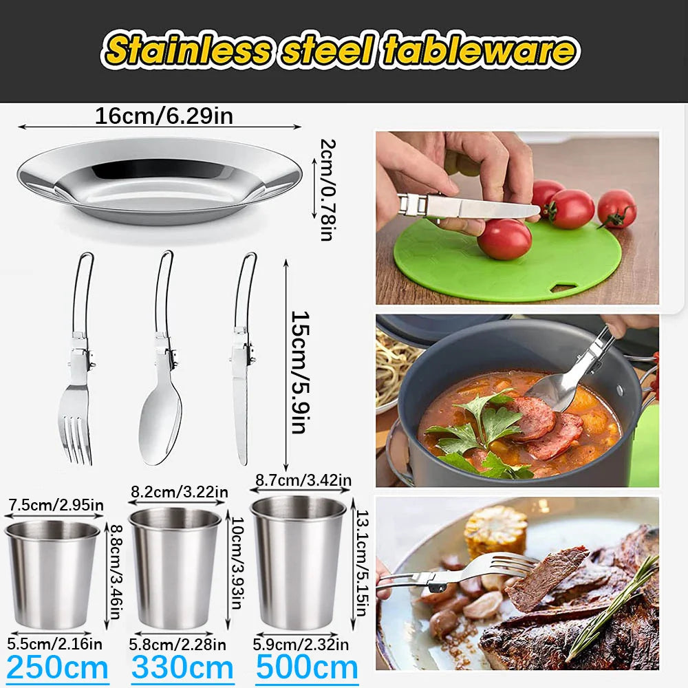 Camping Cookware Set – Non-Stick Pots, Teapot & Tableware for 2-3 People