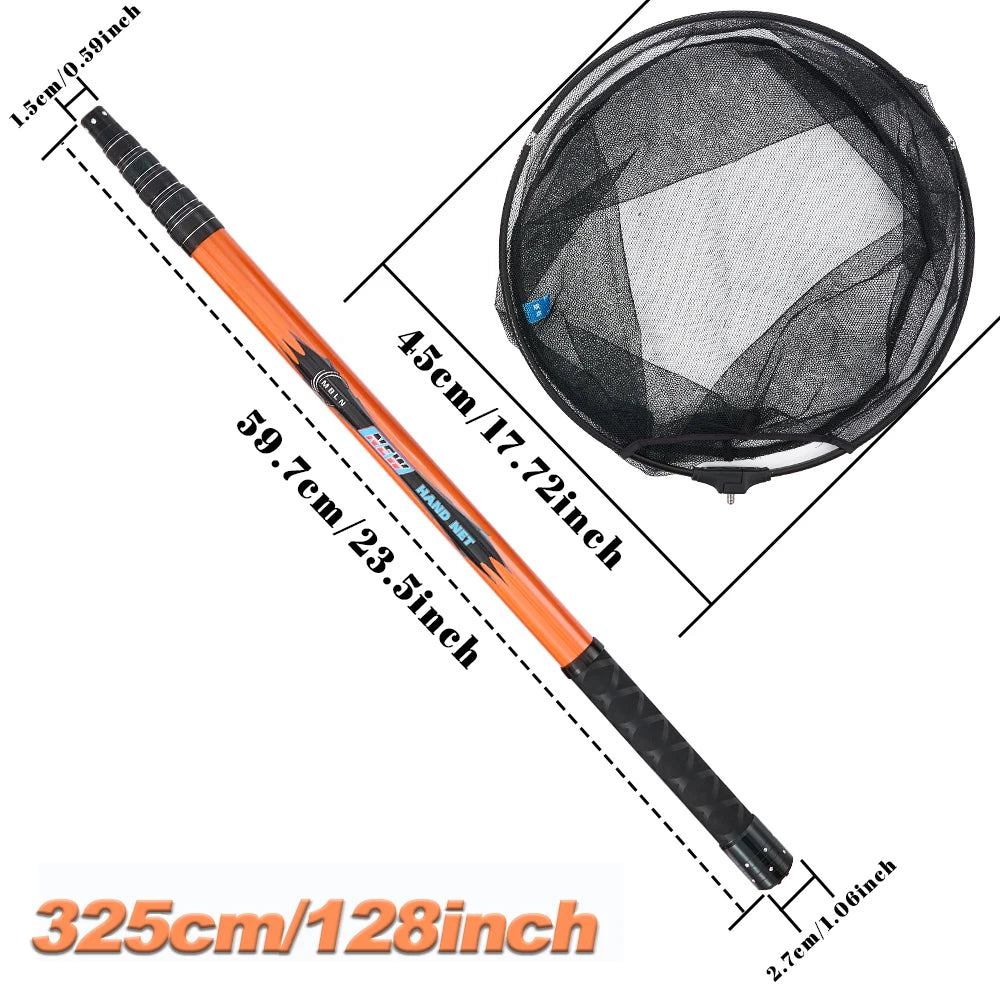 MBLN Ultralight Carbon Fiber Telescopic Fishing Landing Net – 325cm with Alloy Net Head