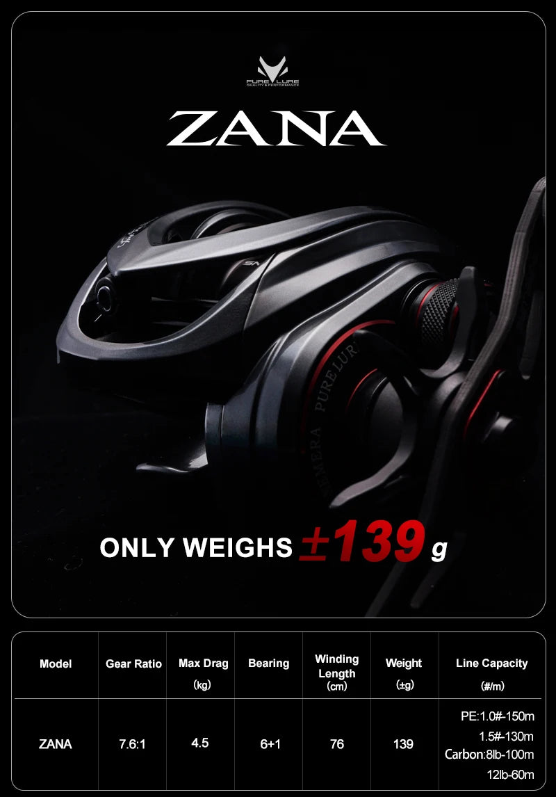 PURELURE ZANA Baitcasting Reel – 139g Aluminum Alloy Frame, 5.8g Spool, 7.6 Gear Ratio, 4KG Drag for Freshwater & Saltwater Fishing
