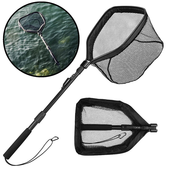 Floating Foldable Fishing Landing Net – Telescopic Pole with Rubber-Coated Mesh for Saltwater & Freshwater