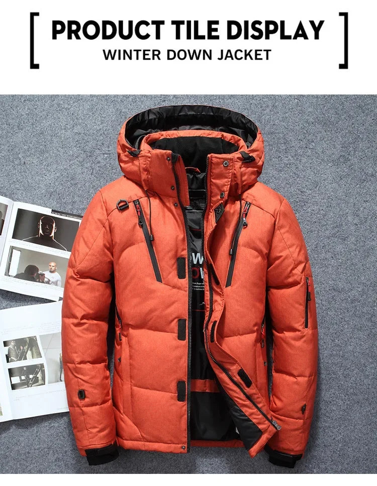 Men’s -20°C White Duck Down Jacket – Thick Warm Hooded Winter Parka