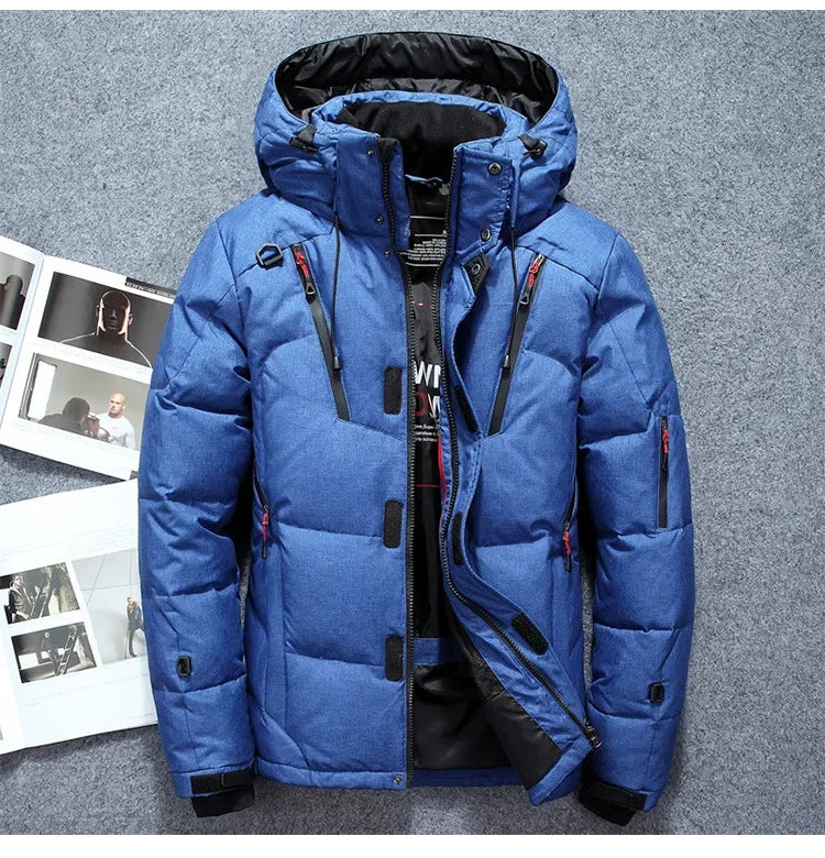 Men’s -20°C White Duck Down Jacket – Thick Warm Hooded Winter Parka