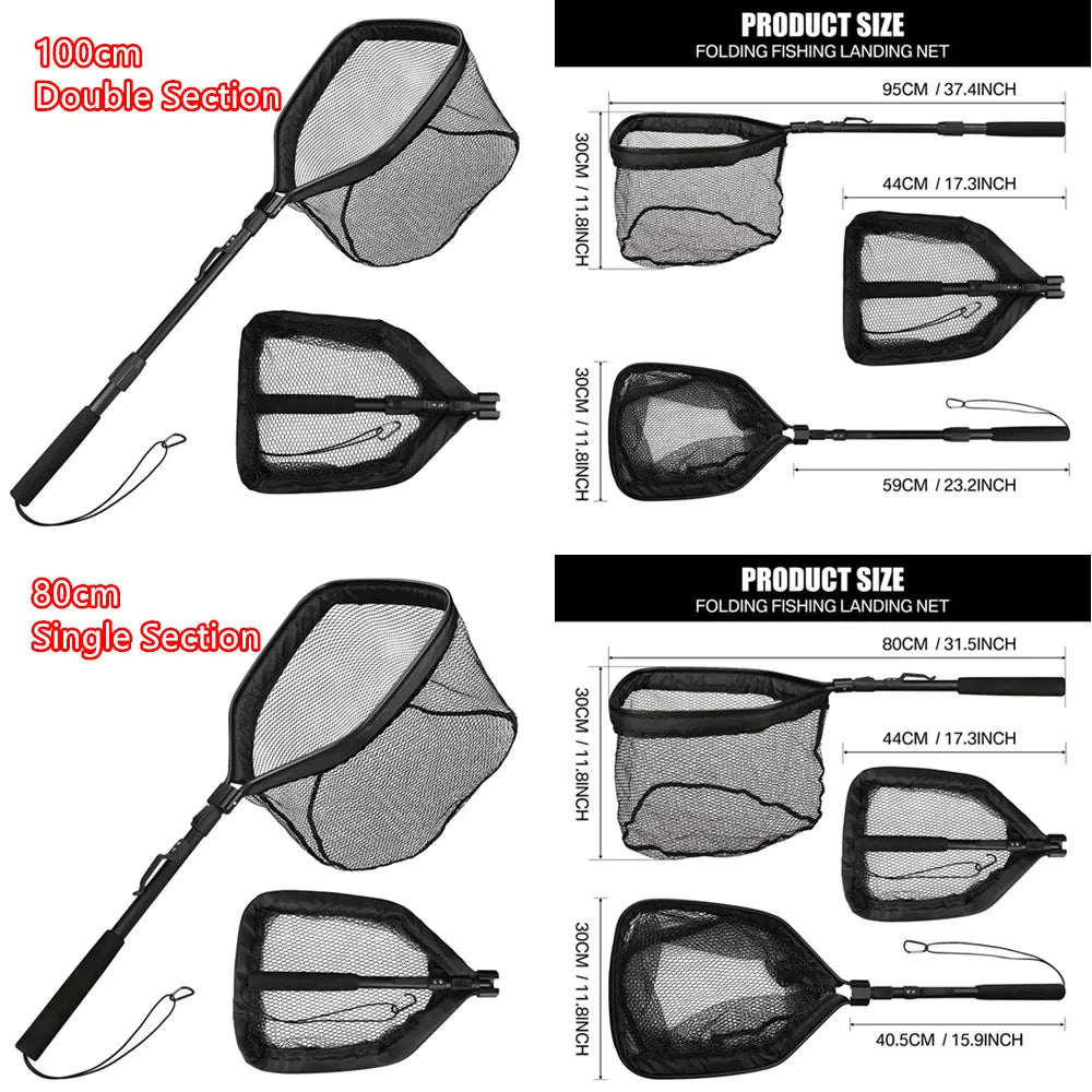 Floating Foldable Fishing Landing Net – Telescopic Pole with Rubber-Coated Mesh for Saltwater & Freshwater