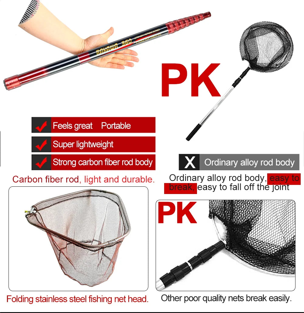 JOSBY Telescoping Foldable Fishing Landing Net – 2.1m/3m/4m Lightweight Carbon Fiber Pole for Carp & Sea Fishing