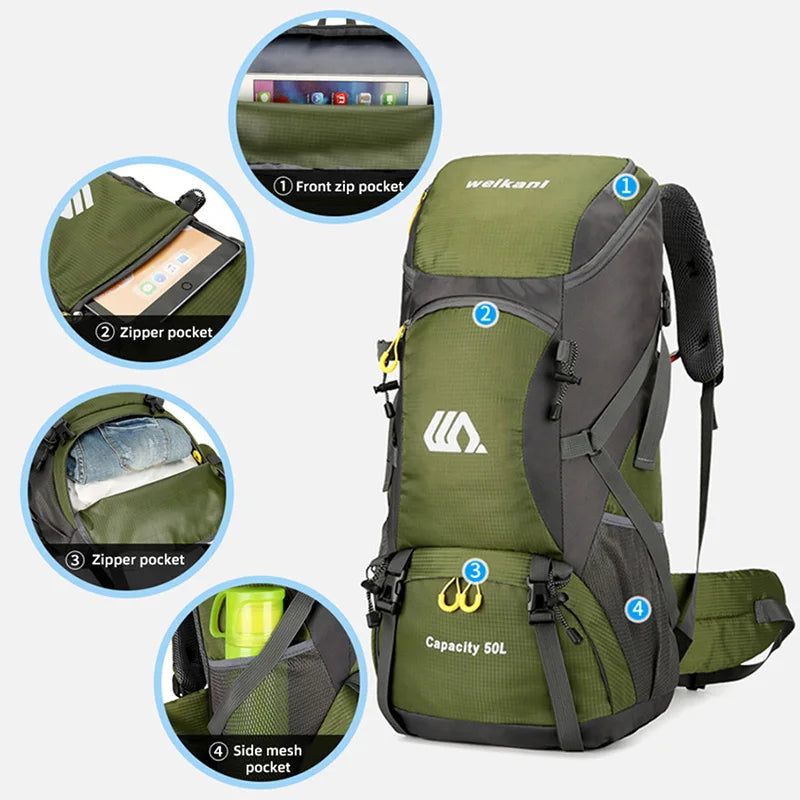 50L Travel Backpack – Waterproof Hiking Rucksack for Men, Large Camping, Climbing & Mountaineering Bag for Outdoor Sports & Travel
