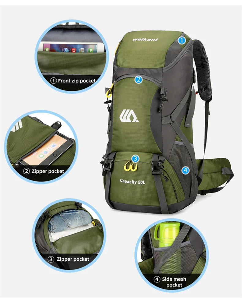 50L Travel Backpack – Waterproof Hiking Rucksack for Men, Large Camping, Climbing & Mountaineering Bag for Outdoor Sports & Travel