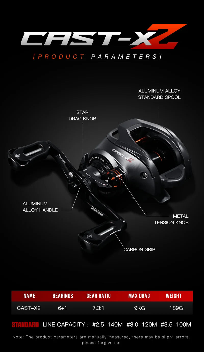 SEASIR Cast X2 Baitcasting Reel – 7.3:1 Gear Ratio, Hybrid Ceramic Bearings, Carbon Fiber Washer, Dual Bearing System & N52 Brake