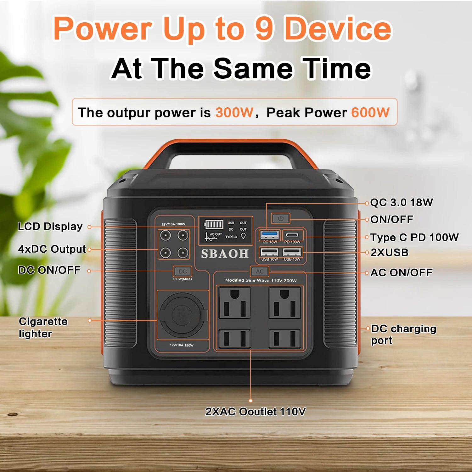 Portable Power Station 300W – Solar Generator with AC/DC & LED Light