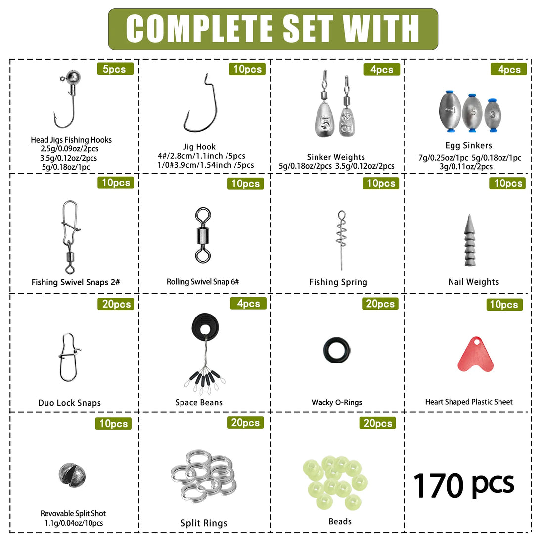 170–410PCS Professional Fishing Kit with Tackle Box – Hooks, Sinkers & Swivels for Bass, Trout & Saltwater Fishing, Rust-Proof Accessories