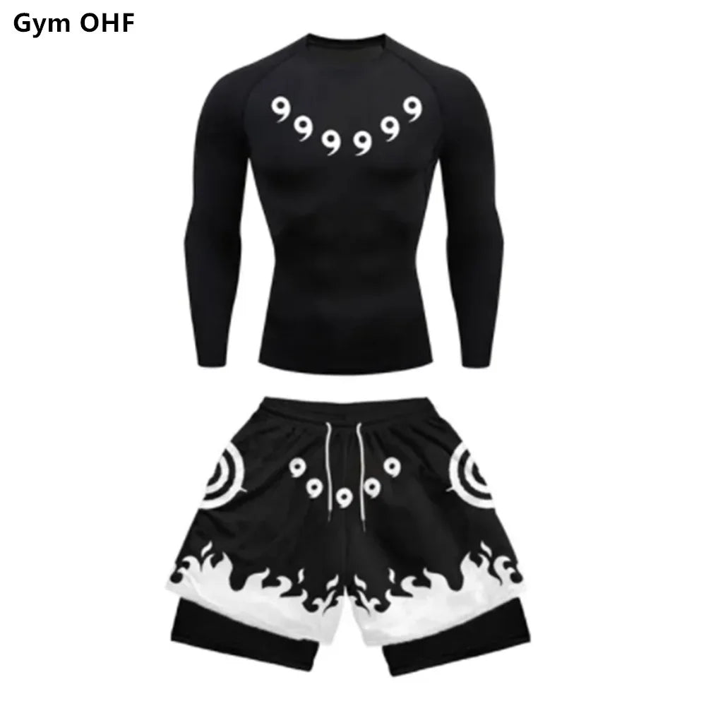 Men’s Bodysuit Tights & 3D Printed Double-Layer Shorts
