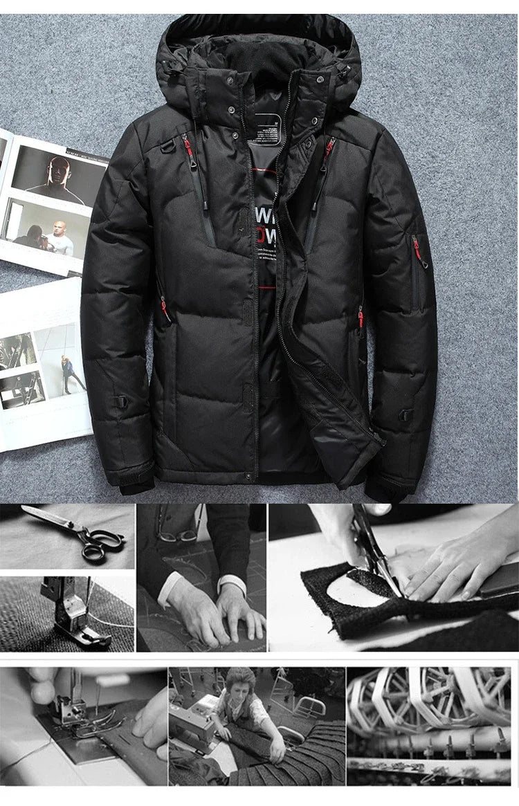 Men’s -20°C White Duck Down Jacket – Thick Warm Hooded Winter Parka