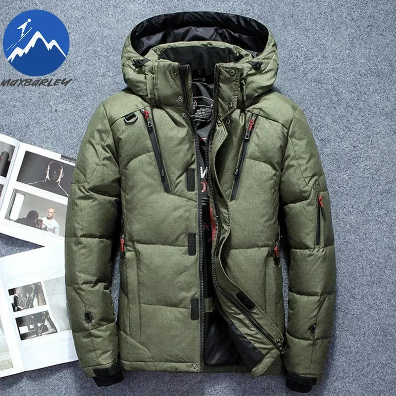 Men’s -20°C White Duck Down Jacket – Thick Warm Hooded Winter Parka