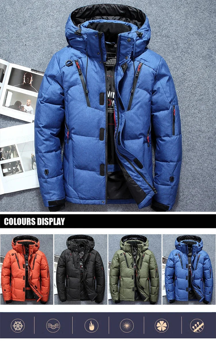 Men’s -20°C White Duck Down Jacket – Thick Warm Hooded Winter Parka