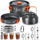 Camping Cookware Set – Non-Stick Pots, Teapot & Tableware for 2-3 People