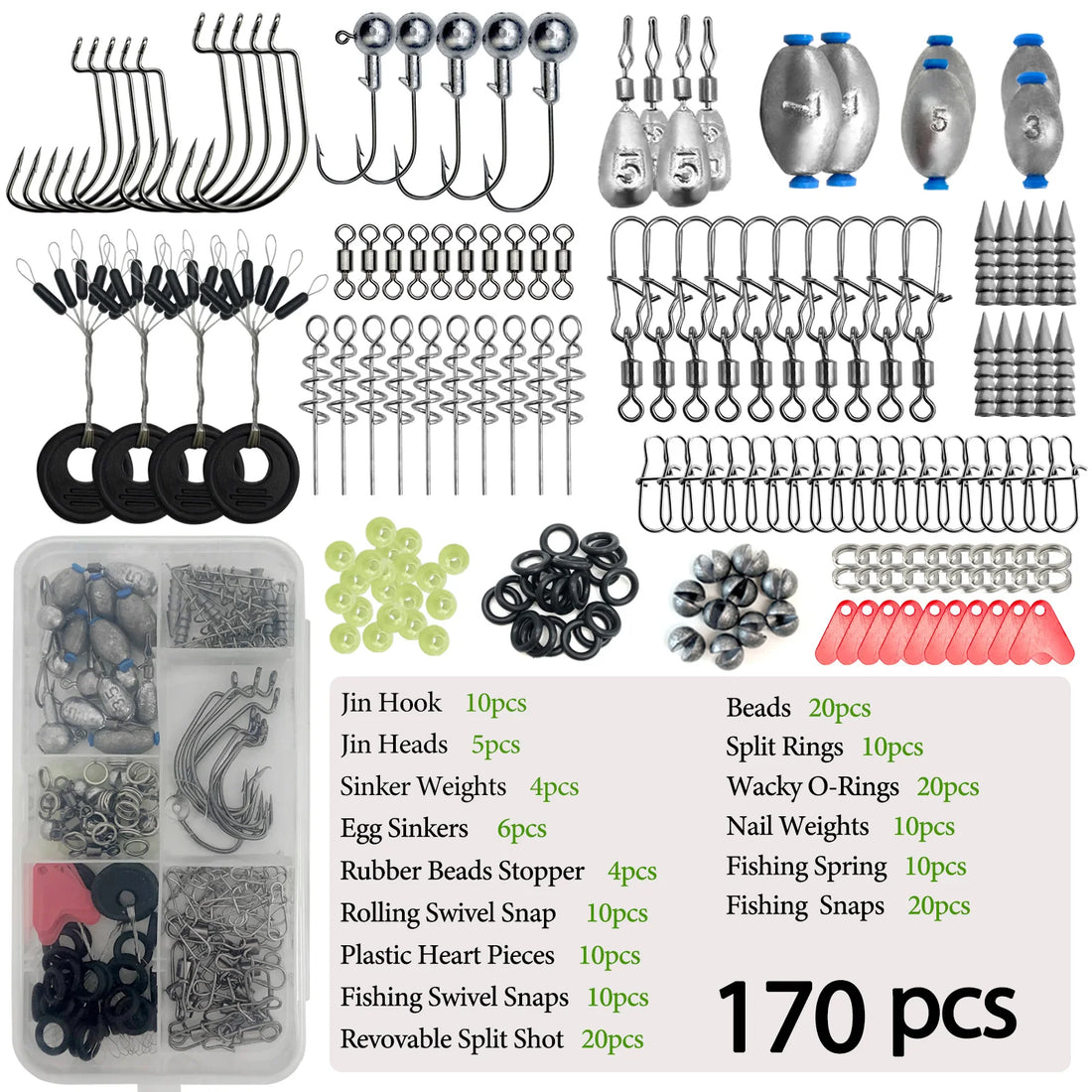 170–410PCS Professional Fishing Kit with Tackle Box – Hooks, Sinkers & Swivels for Bass, Trout & Saltwater Fishing, Rust-Proof Accessories